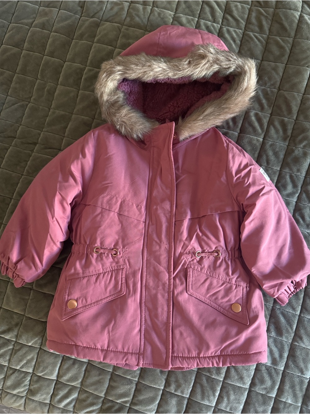 OshKosh B'gosh Rose Pink Hooded Puffer Jacket with Faux-Fur Trim